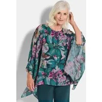 GOLDNER Tunika Kurzgröße: Elegantes Blusenshirt, florales Design Jerseyshirt mit Chiffon-Überwurf, U-Boot-Ausschnitt und 3/4-Arm
