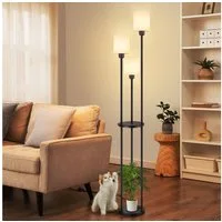 ZMH Stehlampe Wohnzimmer Weiß 3 Flammig E27 Stehleuchte mit Regal für Sofa Landhaus, Regal Wägebereich: 5-12KG, ohne Leuchtmittel, Stoffschirm Fußschalter Retro Regallampe Schlafzimmer