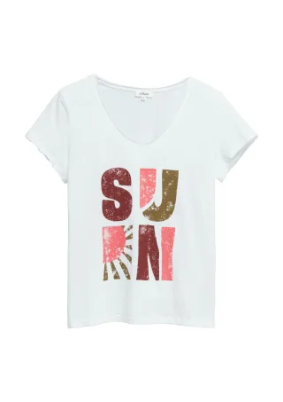 s.Oliver Red Label - T-Shirt mit V-Ausschnitt und Frontprint weiß - Gr. - 46