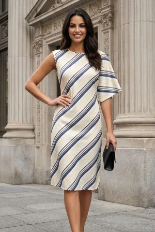 Asymmetrisches gestreiftes Maxikleid mit Rundhalsausschnitt