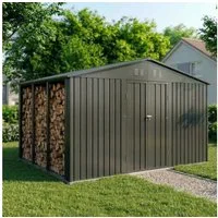 Albatros International Gerätehaus Gerätehaus 4XL abschließbar Schloss & Werkzeughaken, Geräteschuppen, BxT: 325.5x386.6 cm, (Anthrazit RAL 7016, 386,6x325,5x204cm), Gartenhaus mit Holzunterstand aus verzinktem wetterfestem Metall