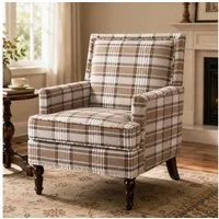 KLAM HOME Loungesessel Retro-Sessel aus blau-weiß gestreiftem Baumwoll-Leinenstoff (Wohnzimmer Sessel mit edler Nagelkopfeinfassung & Massivholzrahmen), Bequemer Polster-Sessel mit Hochdicht-Schaum für stilvolle Innenräume