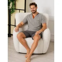HOTBERG Shorty Pyjama Herren kurz Baumwolle (2 tlg) Grau-Grafit Nachtwäsche mit Kontrastnähten