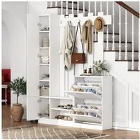 MODFU Garderoben-Set mit integriertem Spiegel, (1-St., 2 unteren Klapptüren-Schuhschränken + 2 Aufbewahrungsschränke), Flurschrank, Hängeschrankregal