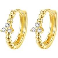 Dear Me Klappcreolen Damen Gold 585 drei Zirkonia, 14K Massivgold Creolen Kugeln, Kleine 585 Gelbgold Ohrringe Dreiblatt Kristalle, Echtgold Schmuck