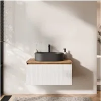 Planetmöbel Waschtisch-Set Arisa Badezimmer Waschtisch mit Waschbecken, Badmöbel 80cm breit, (Waschtischunterschrank hängend für Gäste WC & Bad, weiß geriffelt, Badmöbel Set mit Waschbecken 55 cm schwarz), Schublade mit Soft-Close Funktion