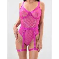 Orchibelle Body Corsagen-Body mit Kettendetails – Sexy Reizwäsche mit Bügelcups Dessous-Body mit Rautenmuster & Bein-Straps – Lingerie im Corsagenstil