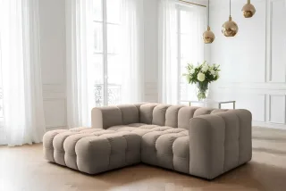 Ecksofa Designersofa SOLVIE XS in Stoff Tiffani Taupe Ottomane Links