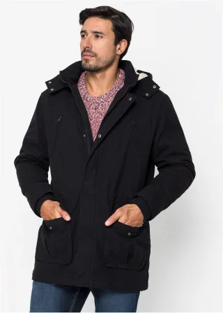bonprix Winter-Parka mit Teddy-Kapuze, schwarz, Gr.48, Lässiger Herren Parka wattiert mit gefütterter Kapuze und Taschen, aus 100% Baumwolle