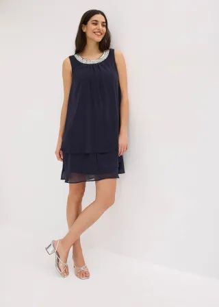 bonprix Premium Kleid mit Applikation, blau, Gr.54, Elegantes und kaschierendes Minikleid aus feinem Chiffon mit einer Strasssteinverzierung am Ausschnitt