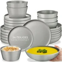 tectake Geschirr-Set Tafelservice aus Steingut für 6 Personen, ineinander stapelbar (24-tlg), 6 Personen, Steingut, im Urban-Style, mit Glasur, spülmaschinen- und mikrowellengeeignet