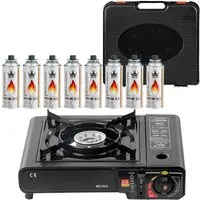 Mianova Camping-Gasgrill 1 flammig Gaskocher + 8 Gasflaschen + Koffer Campingkocher Gas Kocher, Mit Gaskartuschen Barbecue Campingherd Stromausfall Notkocher Herd Tischgrill, Outdoor Camping Notfallkocher Grill Notfall für Kartuschen