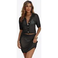 Imily Bela Hausanzug Damen Häkel 2-teiliger Set (Set, 2 tlg., Strickjacke + kurzer Rock) Reverskragen