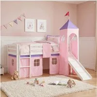 Homestyle4u Hochbett 90x200 Kinderbett mit Leiter und Vorhang Weiß Rosa Holz Treppe Kinder (Komplett-Set mit Lattenrost, mit Rutsche, mit Turm, Matratze mit OEKO-TEX® Standard 100) Kiefer, Jungen Mädchen, Spielbett