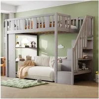 Merax Hochbett 90x200cm mit Stauraumtreppe und Sicherheitsgeländer (1-St) Kieferholz Jugendbett Kinderbett mit 3 großen Staufächern