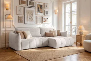 Ecksofa Schlafsofa ONTARIO in Stoff Poso Altweiß Ottomane Rechts