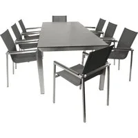 DEGAMO Garten-Essgruppe MELBOURNE Edelstahl, (9-tlg., 8x Stapelsessel, 1x Ausziehtisch 180/240x100cm), Oberfläche gebürstet, Tischplatte Keramikoptik ausziehbar, wetterfest