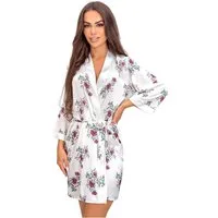 Donna Damenbademantel Julia, kurz, Polyester, Gürtel, Damen Morgenmantel Satin Bademantel Kimono 3/4 Arm Blumen ca.95cm