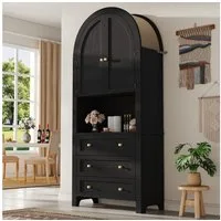 Flieks Mehrzweckschrank Bogen-Hochschrank mit Schubladen und Bogentüren (für Schlafzimmer, Wohnzimmer, Flur, Esszimmer und Arbeitszimmer, 1-St., B70/T35/H180 cm) Vitrine Highboard Aufbewahrungsschrank Schwarz, Höhe ca. 180 cm