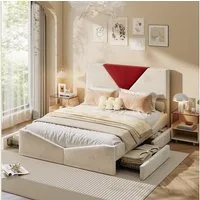ADWOLT Stauraumbett Polsterbett Doppelbett mit Lattenrost, Bettgestell 140x200,Rotes dreieckiges Kopfteil,mit 4 Schubladen,Beige