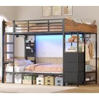 MSMASK Etagenbett mit Treppe, Garderobenständer und viel Stauraum, 90x200cm (1-St., Ohne Matratze), Modernes Hochbett mit LED Beleuchtung und Ladestation