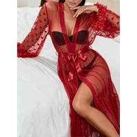 Elegant Love Kimono Damen-Morgenmantel mit Herzmuster aus transparentem Netzstoff, Satin-Gürtel, V-Ausschnitt und Rüschen-Saum, Bindegürtel, Langärmelige Nachtwäsche und Loungewear