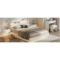 VASAGLE Polsterbett Bettgestell, Doppelbettgestell, Bett mit LED-Beleuchtung, wolkenweiß, schwebender visueller Effekt, hohem Kopfteil, Ladestation, modern