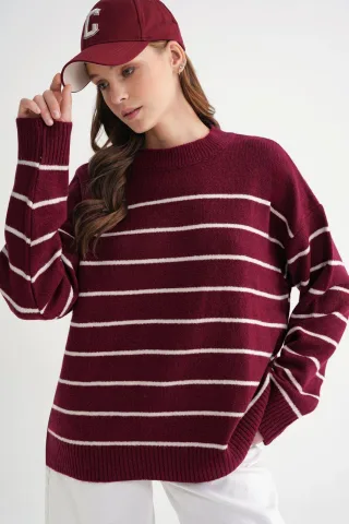 Gestreifter, lässiger Rundkragen-Strickpullover