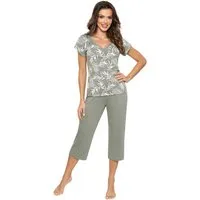 Donna Capri-Pyjama 3/4 Schlafanzug mit Palmen-Druck & Basic-Hose in oliv (2 tlg) premium Viskosemischung, Made in Europa