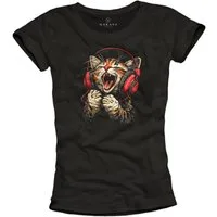 MAKAYA T-Shirt Damen Top mit DJ Katzenmotiv Print – Lustiger Look für Musikfans (Schwarz, S, M, L, XL) Baumwolle