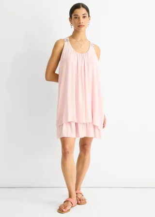 Rosa Crochet Panel Double Layer Baumwoll-Minikleid