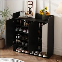 BlingBin Schuhschrank Schuhregal Schuhkipper Schuhkommode (für 16 bis 20 Paar Schuhe, 1-St., mit Spiegel, 3 Türen und Offener Stauraum) 110Lx35,5 Bx110H cm, Schwarz
