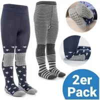 LaLoona Strumpfhose Sterne Marine & Streifen Grau 2x Baby Krabbelstrumpfhose mit ABS Sohle elastische Kinder Strumpfhose