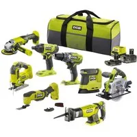 RYOBI Elektrowerkzeug-Set 18 V ONE+ Combo Kit, 8-teilig, in praktischer Tasche, inkl Akkus und S, 8er-Set, 8-tlg., 2 Gänge, 8-teilig, GripZone™, Bitaufbewahrung am Gerät