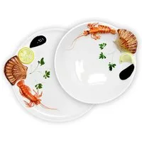 Lashuma Kombiservice Meeresfrüchte (2-tlg), Keramik, Runder Suppenteller Ø 22 cm und Servierplatte Ø 25 cm