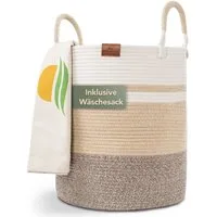 WIESEN.design Wäschekorb EMILIA Ø41xH46 cm 61L, Wäschekorb geflochten aus Baumwolle (faltbarer Wäschekorb, Wäschetonne, laundry basket, Wäschesammler, Aufbewahrungskorb groß, Korb geflochten), inkl. schwerem Wäschesack, gratis Versand