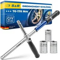 S&R Drehmomentschlüssel neues Patent: 2 in 1 Kreuz-Drehmoment-Schlüssel mit Spindelgriff (Set, 5-tlg. Drehmomentschlüssel + Spindelgriff + 3 Stecknüsse 17, 19, 21 mm), 1/2 Zoll, aus CRV-Stahl, in stabilem robustem Koffer