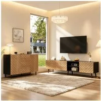 Merax Wohnzimmer-Set Wohnwand Kombination, (2-St), TV Bank & Sideboard Set mit Schubladen und Türen, Holzoptik/Schwarz