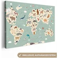 OneMillionCanvasses® Leinwandbild Erde - Weltkarte Kinder - Tiere - Jungen - Mädchen - Blau, Fotodruck (1 St), Leinwand Bilder Klein, Wand Dekoration Aesthetic 30x20 cm