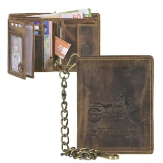 Kettenbörse Leder Bike-Prägung antikbraun | Greenburry Vintage Biker Geldbörse mit Karabinerkette. Robuster Organizer für Motorradfahrer.