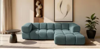 Ecksofa Designersofa BLANCHE in Stoff Puente Azurblau Ottomane Rechts