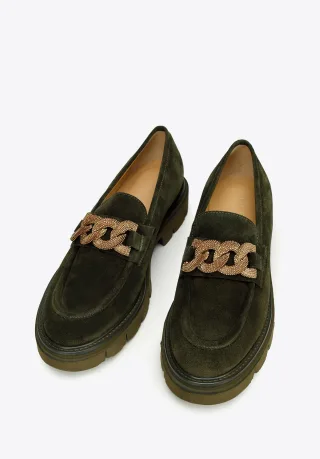 Wittchen Damen-Loafer aus Wildleder mit Zierkette auf Plateau, dunkelgrün