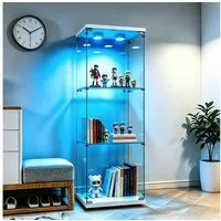 Simurq Glasvitrine mit LED Beleuchtung Standvitrine mit Glastür,Eckvitrine Glas (1-2 Packungen, Vitrinenschrank mit 1 türen,Schloss) Glas vitrine aus Gehärtetes Glas,Sammlervitrine Stehend