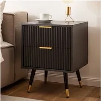 FINEBUY Nachttisch FB105032 Nachttisch Nachtkommode Boxspringbett 56cm Schwarz Schubladen (Nachtkonsolen Schublade, Nachtkästchen Stauraum), Eiche-Dekor 43,5x39x56 cm, Nachtschrank Schwarz