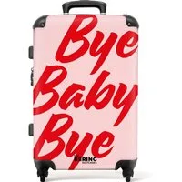 NoBoringSuitcases.com© Hartschalen-Trolley Rosa mit rotem Zitat 'bye baby bye' 67 cm - 72 L, 4 Rollen, Hartschalenkoffer Mittel Groß für 20kg, Frauen Reisekoffer Trolley