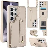 Wigento Handyhülle Fliphülle für Samsung Galaxy S26 Ultra Kartenfach Umhängeband Weiß 6,9 Zoll, Kartenfächer, Handband, Umhängeband