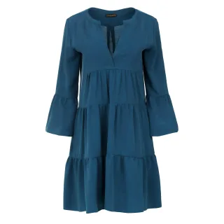 Dunkelpetrolfarbenes Tencel-Kleid mit gerafften Nähten