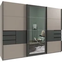 luma-home Schwebetürenschrank 22507 (B270/H208/T64 cm Kleiderschrank mit Vollausstattung, schwarzen Griffleisten) 6 sichtbaren Schubladen, Rahmenspiegel, Sandgrau m. Absetz. in Grafit