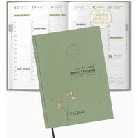 TOBJA Buchkalender Buchkalender 2027 Wochenplaner salbeigrün Skandi OptiPlaner Sage FSC, Salbeigrün, Roségold-Blumen, 30-Min-Taktung, 18,5x26 cm, FSC