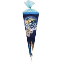 Nestler Schultüte Weltraum, 35 cm, rund, mit blauem Tüllverschluss, Astronaut, für Geschwister